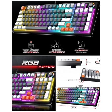 Clavier Pro gaming Mécanique METAL LED RGB XPERT-K350 Anti-Gosthing avancé avec N-Key Rollover 11 modes de rétroéclairage RGB.
