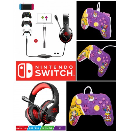 Casque Pro H3 – Stéréo Switch + manette filaire améliorée pour Nintendo Switch – Princesse Peach Battle