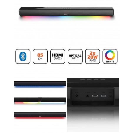 Barre de son 85 cm 40 W RMS Bluetooth HDMI LED lights entrée AUX, Entrée USB, Entrée Optique