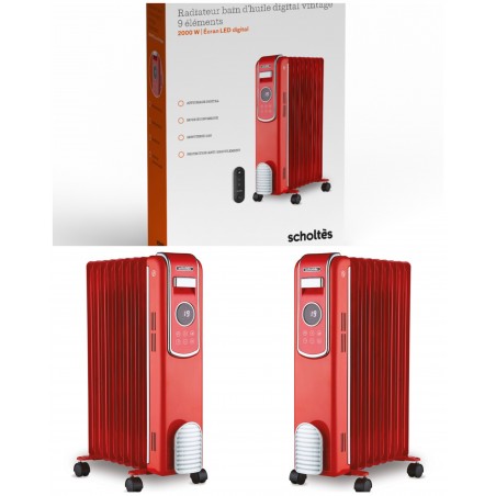 Radiateur à bain d'huile Digital vintage rouge 2 000 W 9 colonnes 3 réglages de chaleur Thermostat réglable