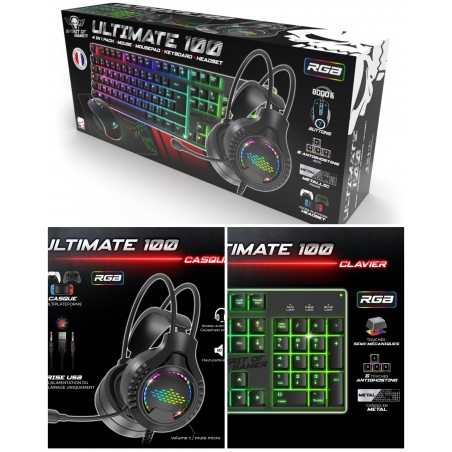 Pack gamer Pro 4-en-1 – ULTIMATE – MKH6 – RGB – USB – clavier + souris + casque + Tapis souris