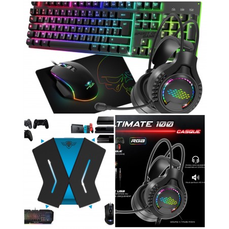 Pack gamer Pro 4-en-1 – ULTIMATE – MKH6 – RGB – USB – clavier + souris + casque + Tapis souris + Convertisseur de console
