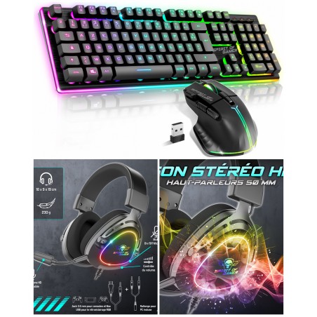 Pack gamer – Spirit of gamer – RGB Pro – Sans fil – souris et clavier – Couleur noir + casque gamer H40 Multi plateformes