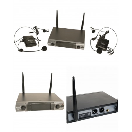 2 Micros sans fil UHF, 2 canaux, combiné, 2 émetteurs de poche et serre-tête + 2 micros-cravates