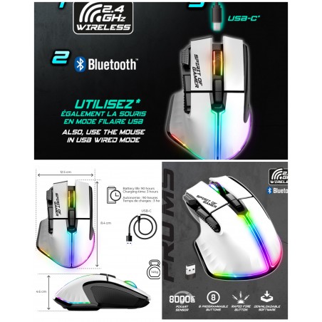 Souris gamer Sans Fil blanche – XPERT – M5 RGB – 8 000 ppp – 8 Boutons – RGB rechargeable