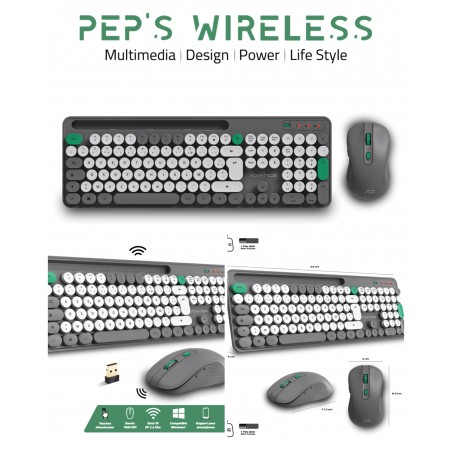Pack clavier et souris sans fil – PEP'S – sans fil Desktop ADVANCE – gris et blanc – 105 touches – 5 multimédias