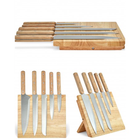 Set de 5 couteaux et support en hévéa magnétique
