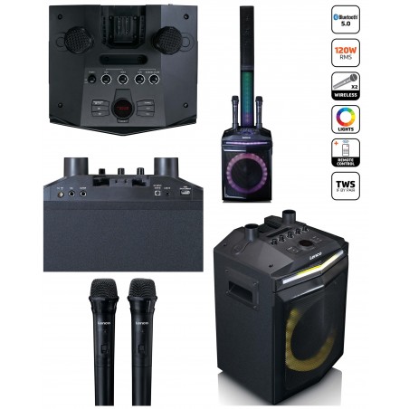 Enceinte Pro Bluetooth 240 W avec subwoofer-Colonne d’enceinte d'aigus amovible LED RGB-Double micros sans fil
