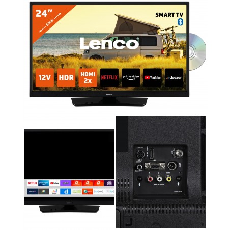 TV LENCO LECTEUR DVD Bluetooth 12 V LED HD 24’ DVB-T, DVB-C Smart TV Android-Netflix, Disney+, Amazon