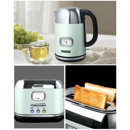 Pack bouilloire rétro vintage sans fil 2 200 w 1,7 l vert pastel Inox + grille-pain vert pastel 2 fentes Inox