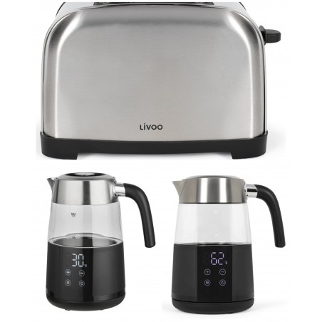 Pack déjeuner Inox – Bouilloire électrique noire 1,7 L 2 200 W LED bleues + grille-pain Inox 850 W Inox