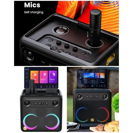 Enceinte karaoké 300 W Wi-Fi Bluetooth sur batterie – écran tactile 10,1" et 2 microphones sans fil 300 W