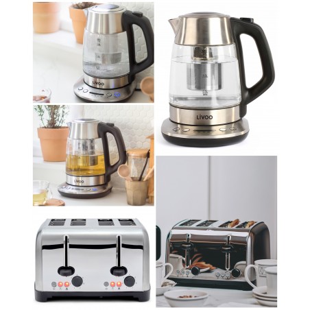 Bouilloire Inox Verre théière automatique – 1,7 L – 2 200 W – Écran LCD – grille-pain Inox 4 fentes