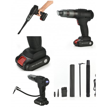 Aspirateur et compresseur sur batterie 4-en-1 aspirateur, gonfleur, lumière LED et contrôle du gonflage des pneus