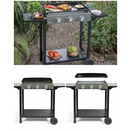 Plancha gaz Barbecue 3 brûleurs acier émaillée 62 × 34,5 cm Allumage automatique Piezo intégré + Desserte