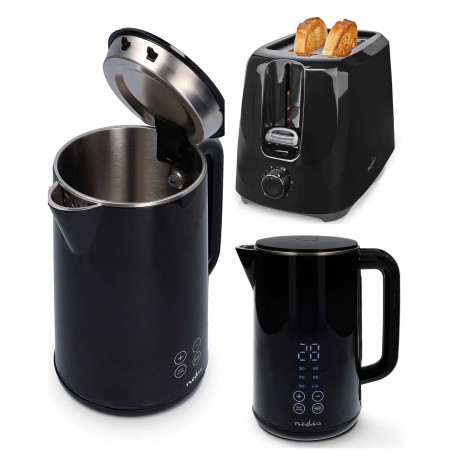 Bouilloire électrique 1,7 L 2 200 W – noir Indicateur DIGITAL Rotatif à 360 degrés + grille-pain noir 2 Fentes 700 W