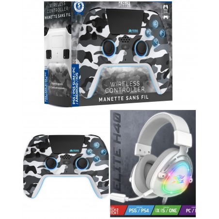 Casque gamer PC LED RGB – Compatible PS4/PS5/Xbox/PC – manette PS5 Bluetooth White Camo – Pro H3