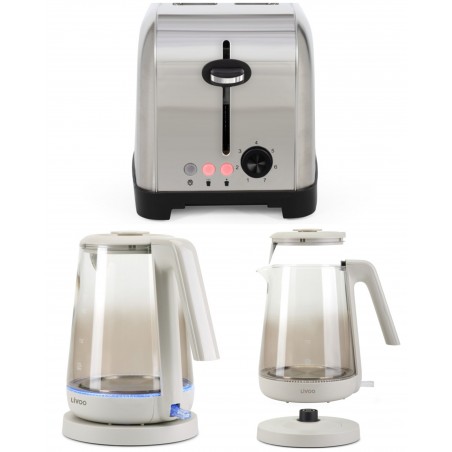 Pack DEJEUNER Bouilloire en verre électrique gris clair 1,7 L 2 200 W + grille-pain Inox 2 fentes