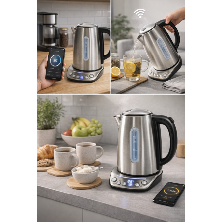 Bouilloire Wi-Fi 1,7 L 2 200 W Inox – Connectée Smartphone Android/iOS, Indicateur Température, Base 360°