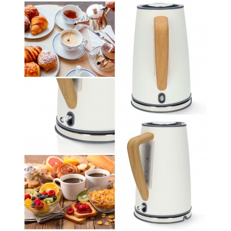 Bouilloire électrique vintage blanche 1,7 L–2 200 W–Acier inoxydable effet bois – Sans fil base 360° – Sécurité anti-surchauffe