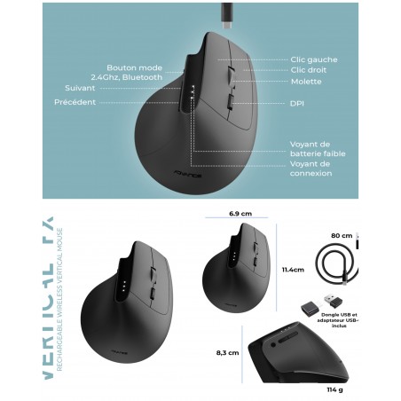 Souris sans fil Ergonomique – Bluetooth – 3 200 ppp – 7 Boutons silencieux