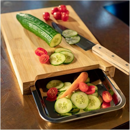 Planche à découper en bois d'acacia – bac récupérateur Inox – 6 couteaux à Steak.