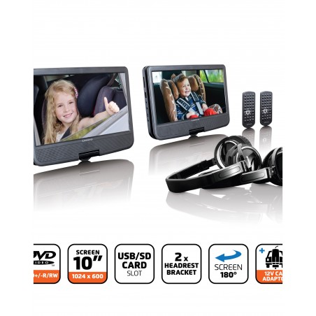 Lecteurs DVD portable TFT 16: 9 LENCO 2 Ecrans 10'' USB-SD DVD-R/RW, DVD+R, CD + 2 Casques + télécommande + 2 SUPPORTS