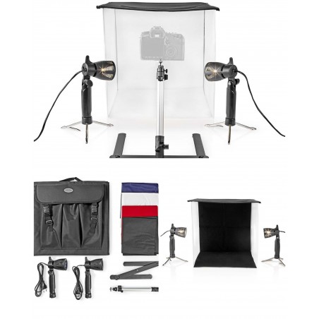 Kit studio photo 2 projecteurs 60-60-60 cm 400 mm Pliable 4 couleurs Arrière-plans inclus Sac de voyage inclus noire