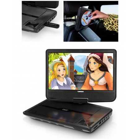 Lecteur DVD portable TFT 16: 9 LENCO Ecrans 9 POUCES USB-SD DVD-R/RW, DVD+R, CD télécommande + SUPPORT