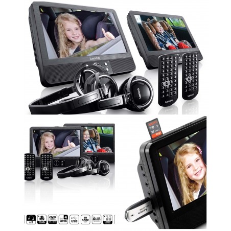Lecteur DVD portable TFT 16: 9 LENCO Ecrans 2 × 9 POUCES USB-SD DVD-R/RW, DVD+R, CD + 2 Casques + télécommande + 2 SUPPORTS