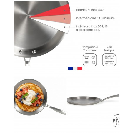Crêpière 28 cm en acier inoxydable antiadhésif Tous feux dont induction – Pour brigade
