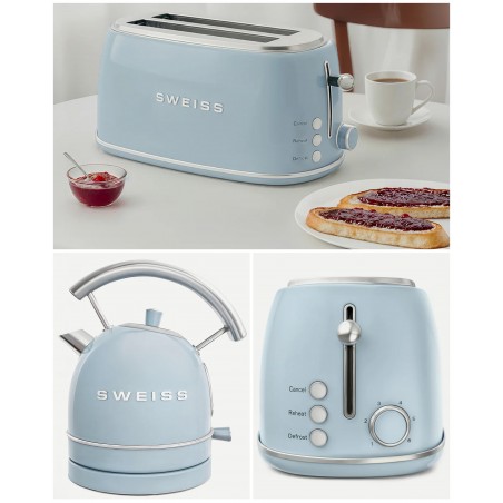 Pack BOUILLOIRE rétro vintage SANS FIL 2 200 W 1,8 L bleu pastel Inox + grille-pain Beige pastel 2 FENTES Inox – Style SMEG