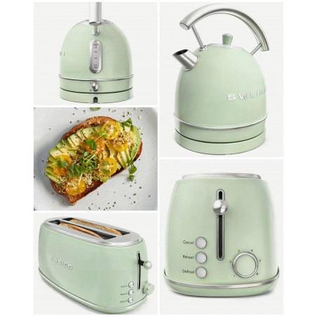 Pack BOUILLOIRE rétro vintage SANS FIL 2 200 W 1,8 L vert pastel Inox + grille-pain vert pastel 2 FENTES Inox – Style SMEG