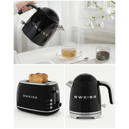 Pack bouilloire rétro vintage sans fil 1 000 w 1 l noir Inox + grille-pain noir 2 fentes Inox – style smeg