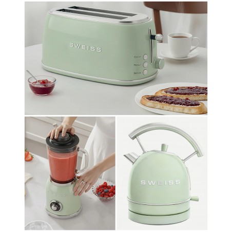 Pack BOUILLOIRE rétro vintage SANS FIL 2 200 W 1,8 L vert pastel Inox + grille-pain vert pastel – Blender – Style SMEG