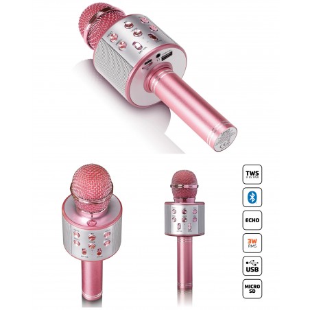 Microphone Bluetooth rose USB SD Lumières RGB – batterie rechargeable intégrée