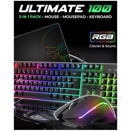 Pack gamer – Spirit of gamer – Pro-MK100 – clavier rétroéclairé – souris optique – 7 boutons – Tapis souris