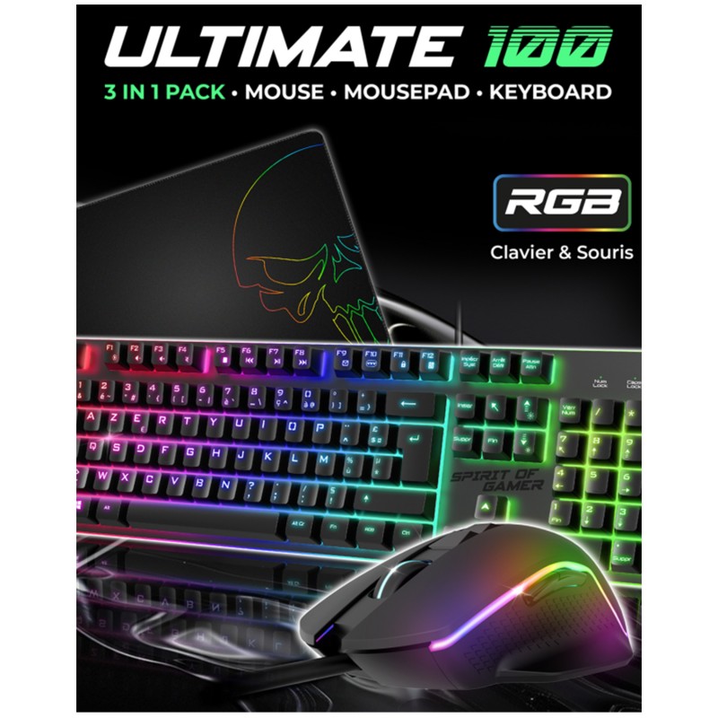 Pack gamer 3 EN 1RGB – Spirit of gamer – Pro-MK100 – clavier rétroéclairé – souris optique – 7 boutons – Tapis souris