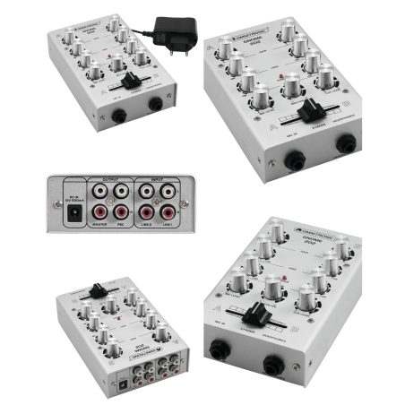 Table de mixage 2 canaux stéréo avec réglage de gain et égaliseur 2 bandes, raccordement par prises RCA