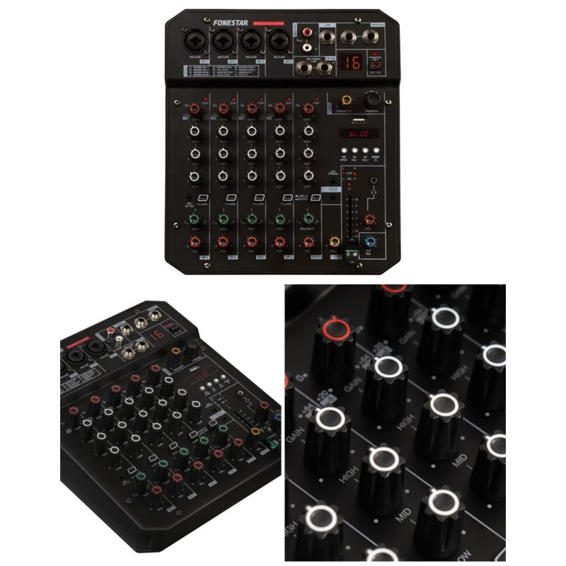 Table de mixage 6 canaux stéréo Bluetooth USB MP3 - Carte son PC - égaliseur 2 bandes, raccordement par prises RCA
