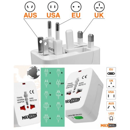 Adaptateur Prise Universel 1500W MaxExcell avec LED Compatible Australie, Europe, USA, UK - Indicateur lumineux - Blanc