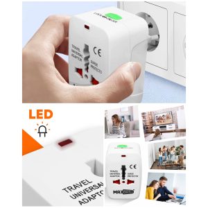Adaptateur Prise Universel 1500W MaxExcell avec LED Compatible Australie, Europe, USA, UK - Indicateur lumineux - Blanc