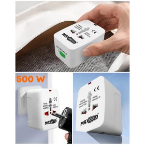 Adaptateur Prise Universel 1500W MaxExcell avec LED Compatible Australie, Europe, USA, UK - Indicateur lumineux - Blanc