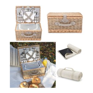 Panier pique-nique 4 personnes en osier Naturel Couverts et assiettes en céramiques + Plaid Polaire imperméable
