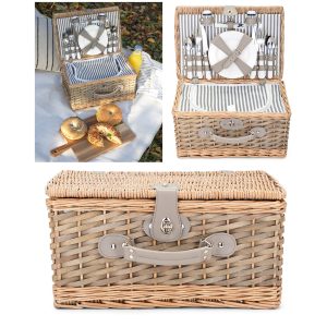 Panier pique-nique 4 personnes en osier Naturel Couverts et assiettes en céramiques + Plaid Polaire imperméable