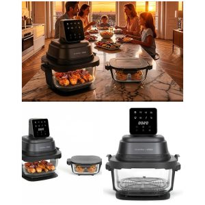 Friteuse sans huile – Air Fryer 4L+1.5L – 1 200W – Multifonctionnelle Marmiton Cuve – 2 Récipients en verre