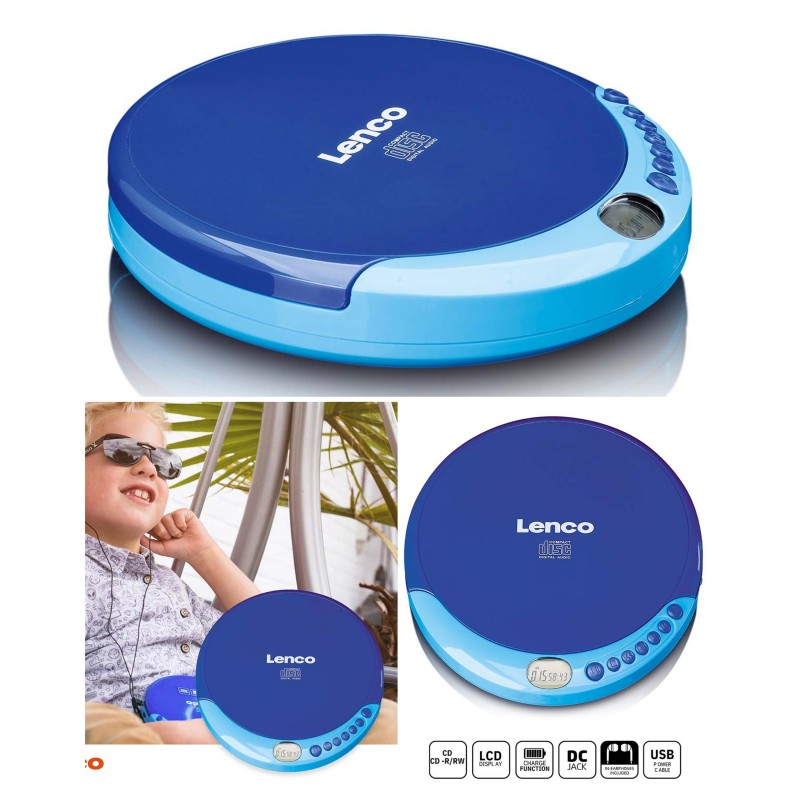 Lecteur CD portable bleu avec fonction de recharge- Ecouteurs