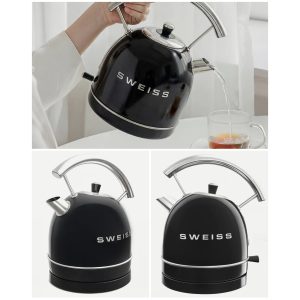 BOUILLOIRE rétro vintage INOX SANS FIL 2200W 1,8 L Noire - Style SMEG