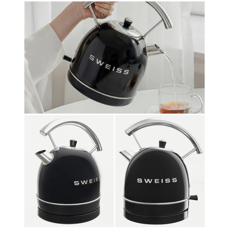 BOUILLOIRE rétro vintage INOX SANS FIL 2200W 1,8 L Noire - Style SMEG