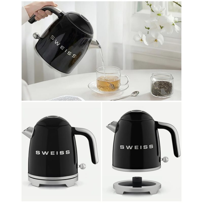 BOUILLOIRE rétro vintage INOX SANS FIL 1000W 1L Noire - Style SMEG